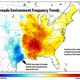 a map of the United states showing shades of blue coloring over central plains states and texas, and warm, red to orange coloring over southeastern and midwestern states, demonstrating the changing weather patterns of tornado-creating conditions